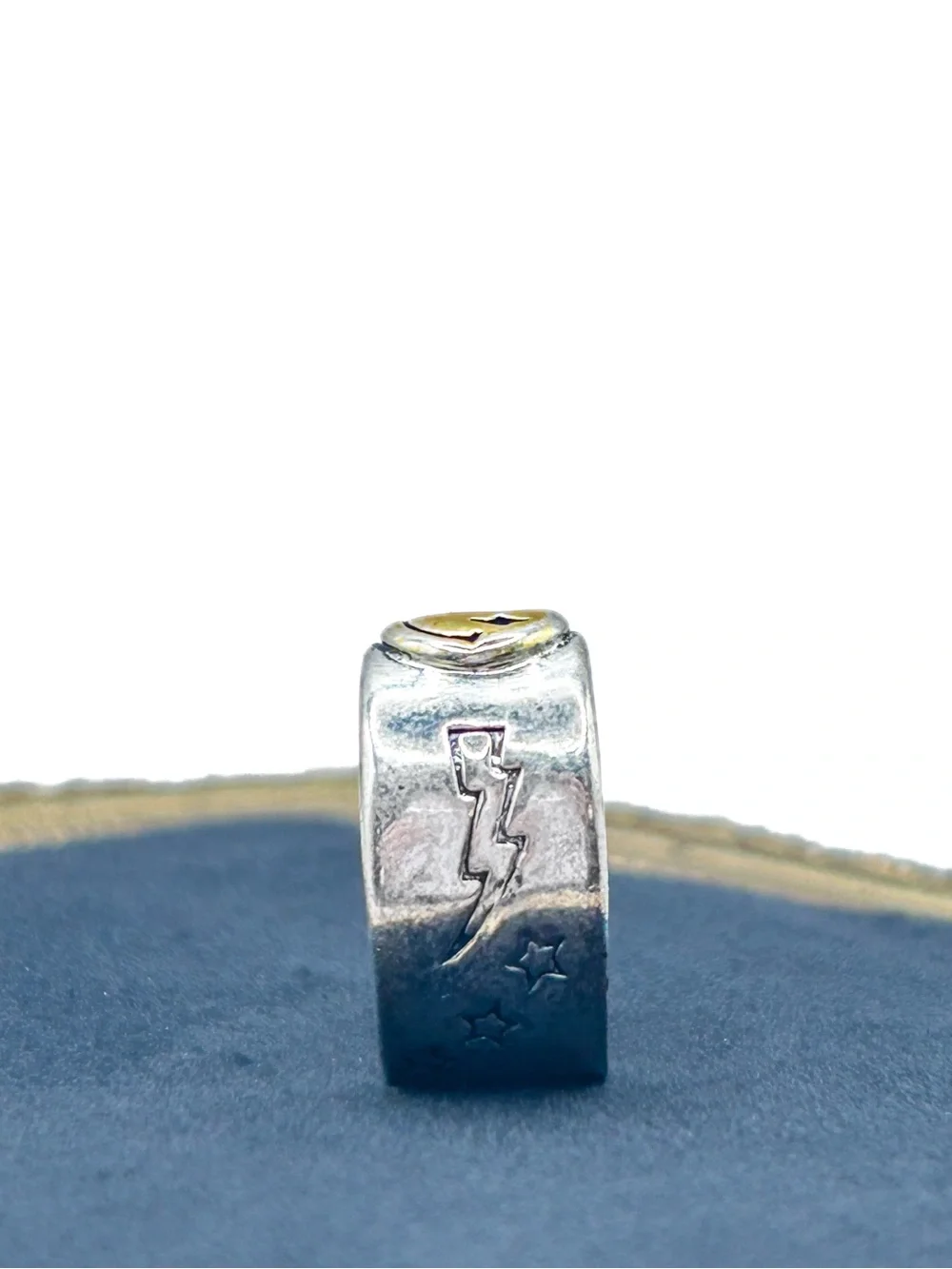 S925 Sterling Silver Smiley Face Adjustable Ring | Lightning Bolt Star Wide Band